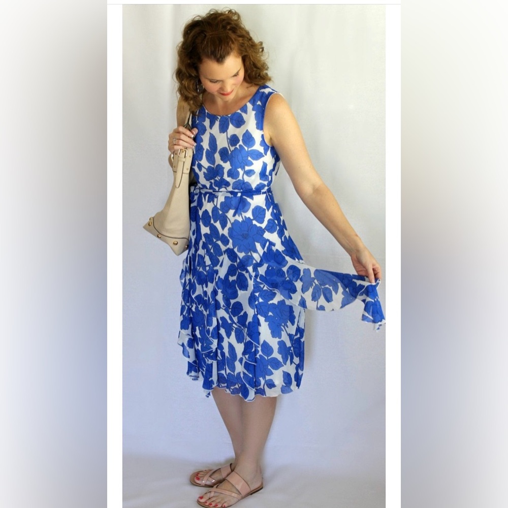 Robbie Bee Asymmetrical Blue and White Dress